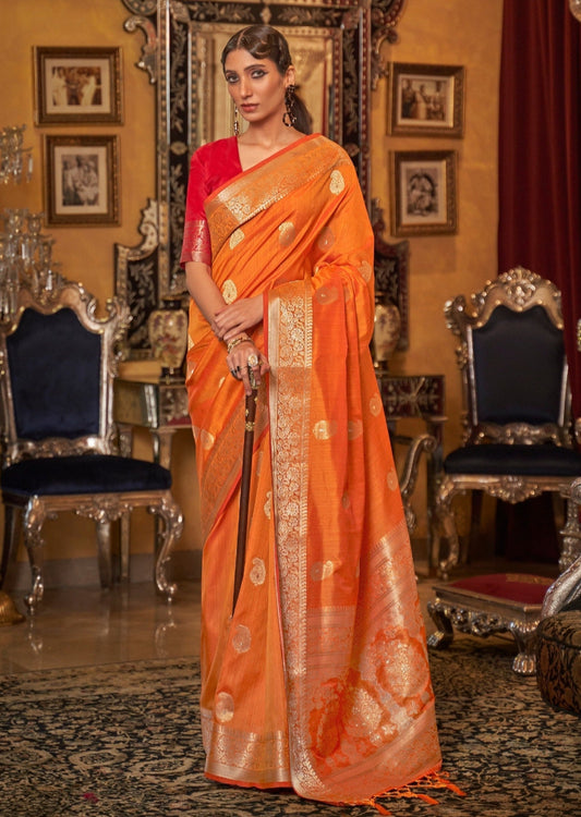 Pure Tussar Silk Saffron Orange Saree