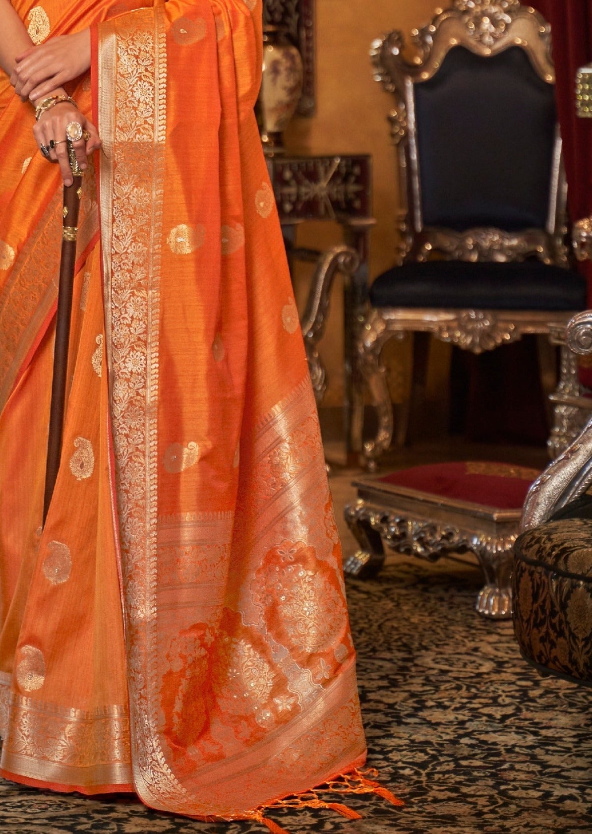 Pure Tussar Silk Saffron Orange Saree