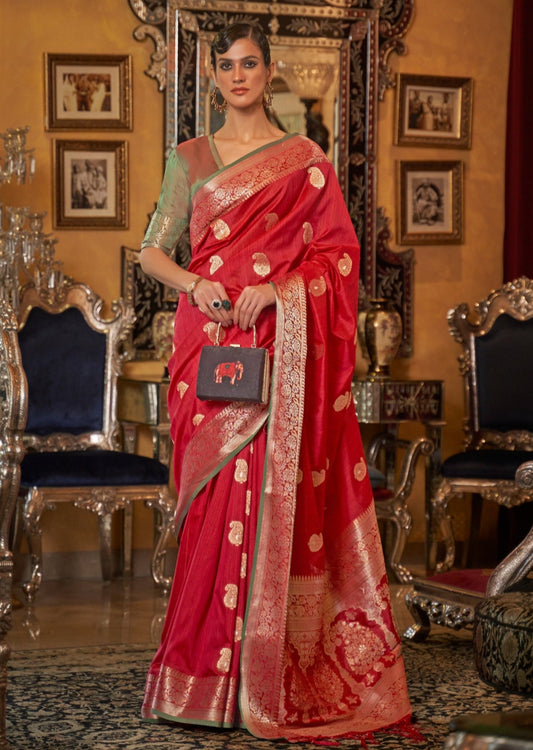 Pure Handloom Tussar Silk Red Bridal Saree