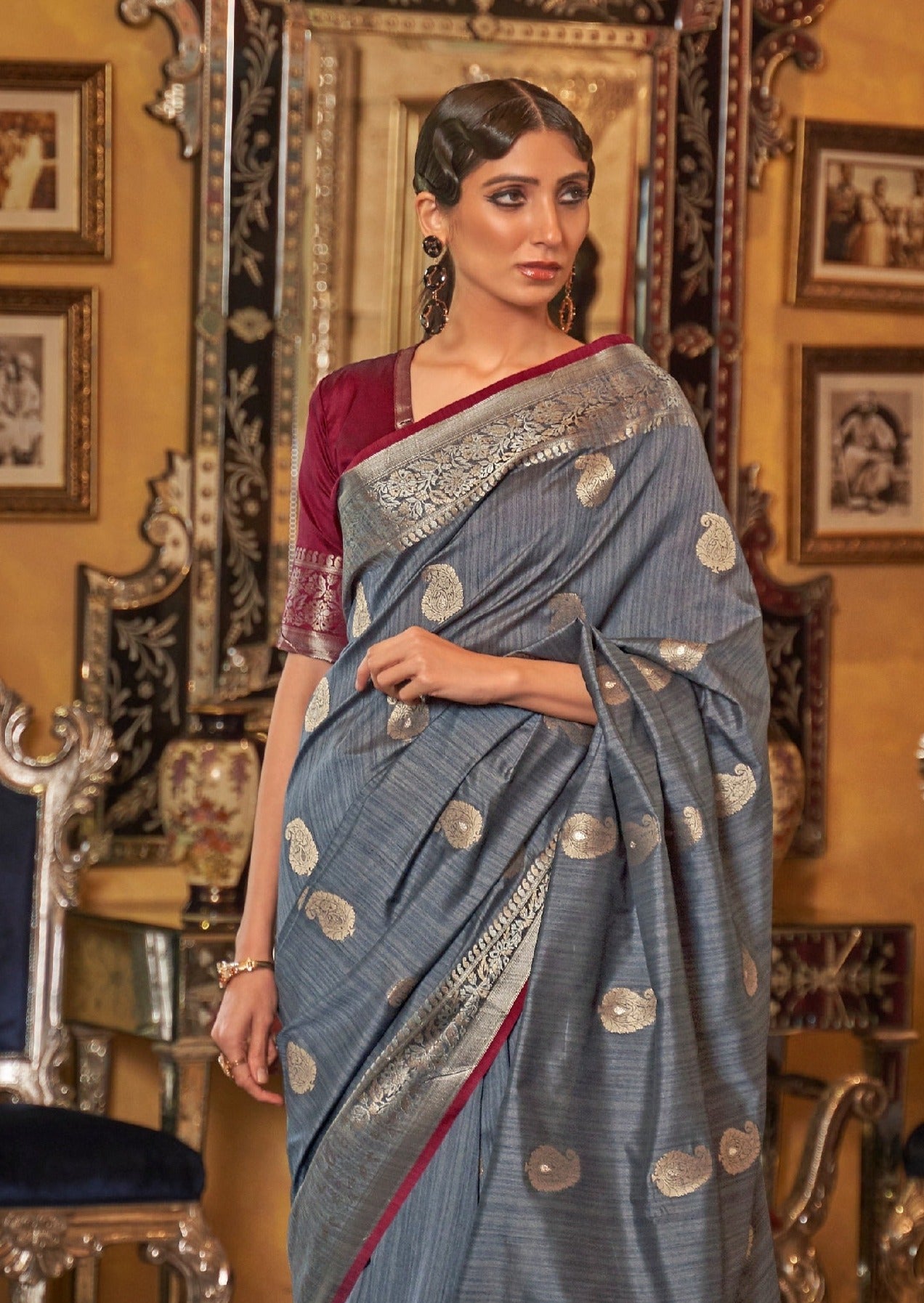 Pure Tussar Silk Grey Handloom Saree