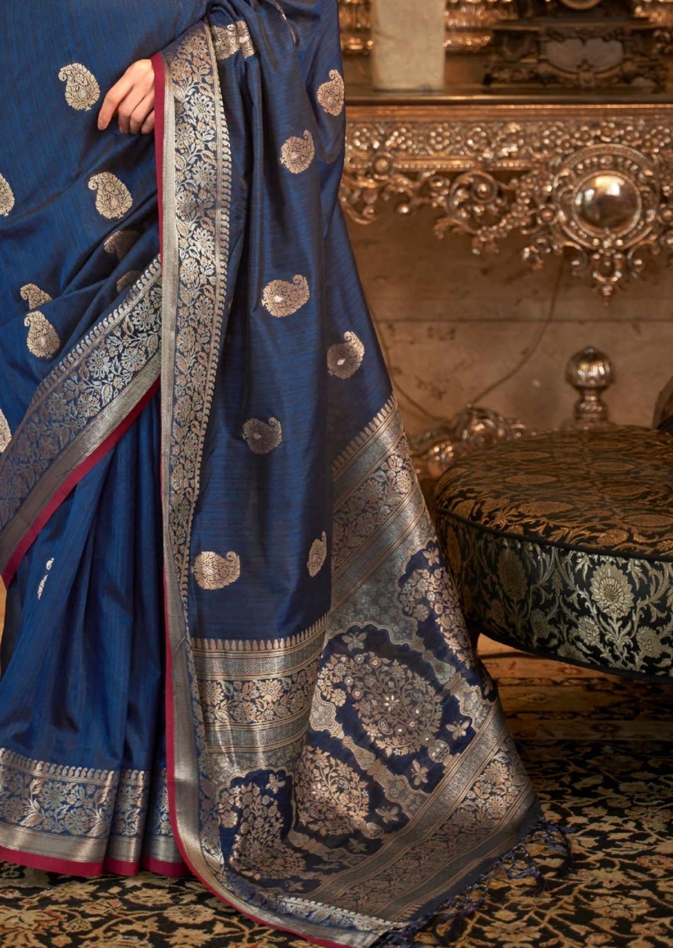 Pure Tussar Silk Navy Blue Handloom Saree