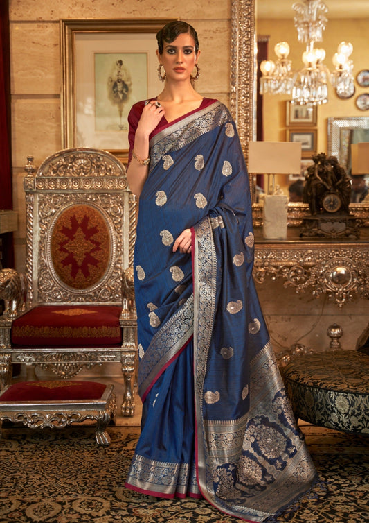Pure Tussar Silk Navy Blue Handloom Saree