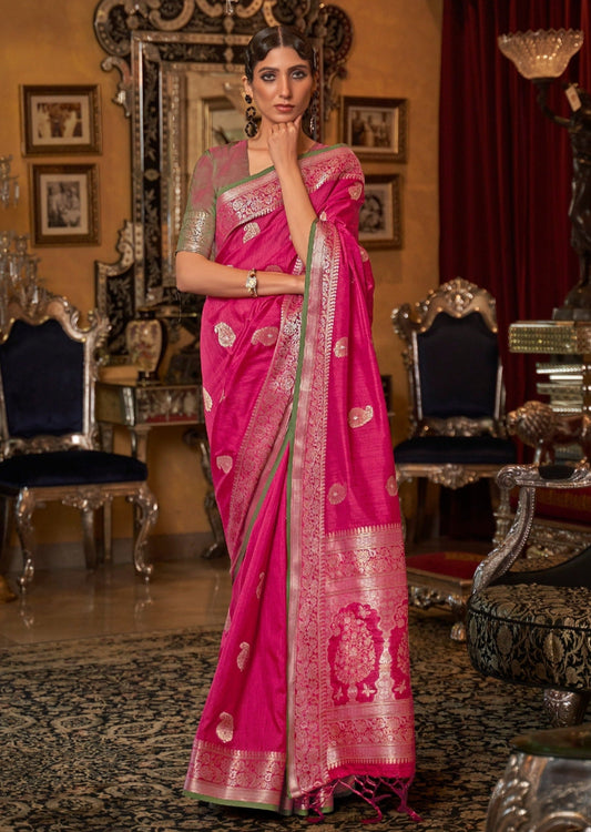 Pure Tussar Silk Fuchsia Pink Handloom Saree