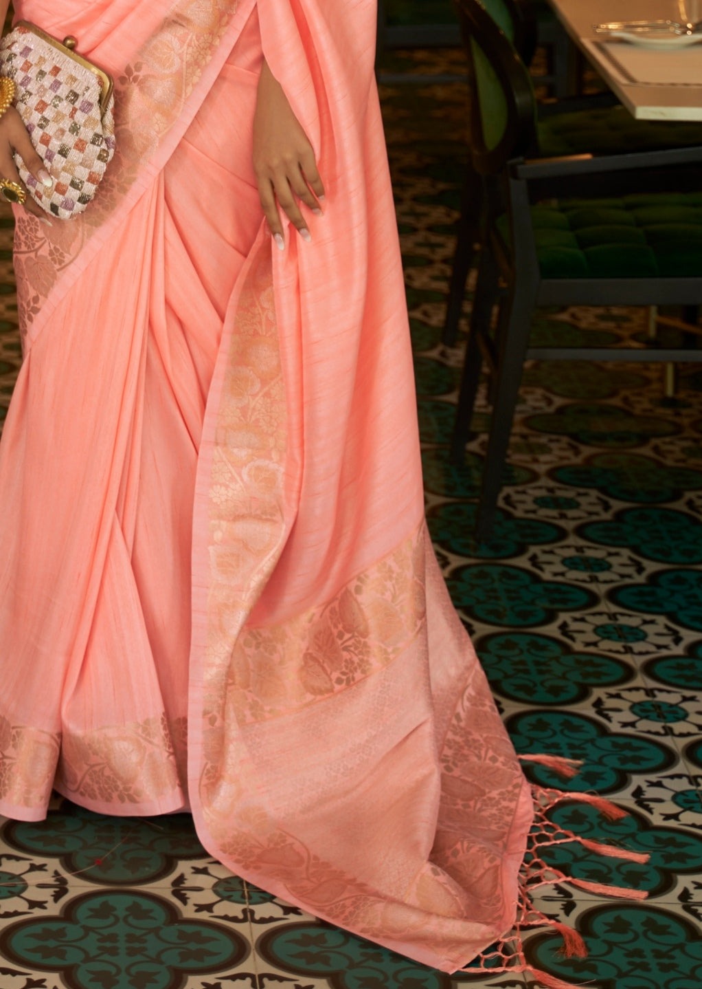 Pure Tussar Silk Rose Peach Saree