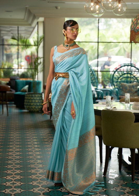 Pure Tussar Silk Pastel Blue Saree