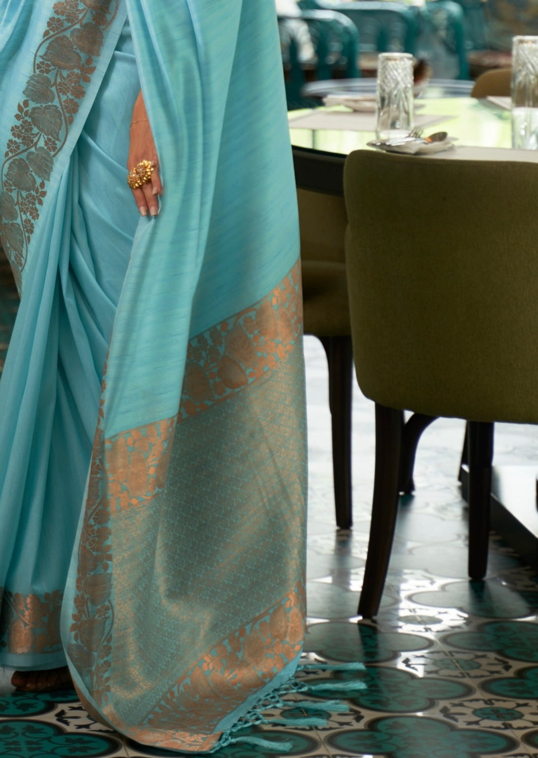 Pure Tussar Silk Pastel Blue Saree