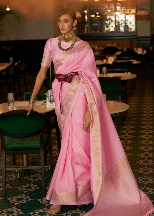 Pure tussar silk saree usa online in blossom pink color.