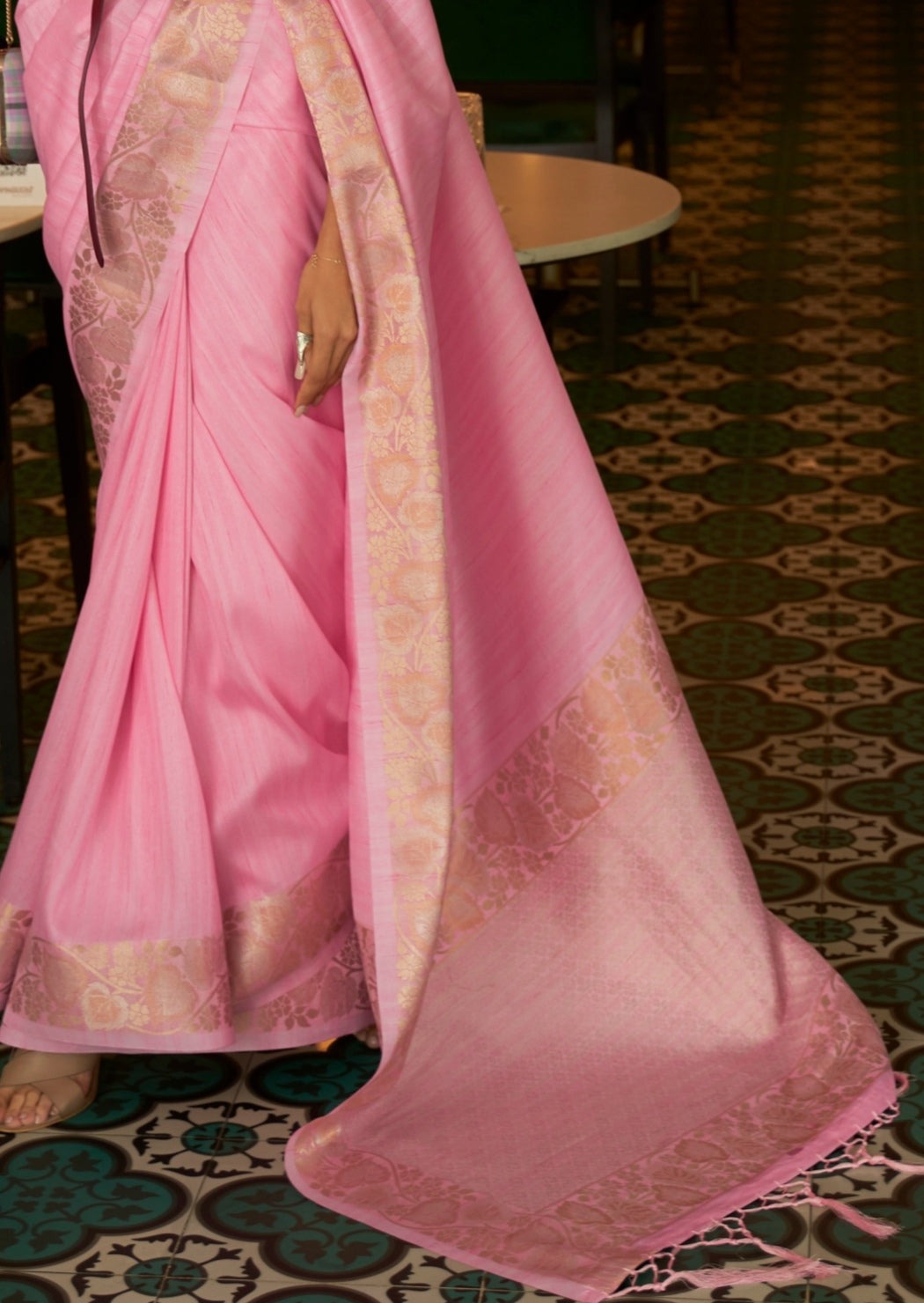 Pure Tussar Silk Blossom Pink Handloom Saree
