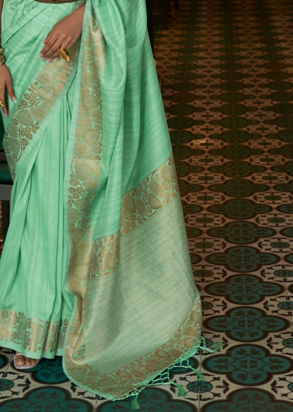 Pure Tussar Silk Mint Green Saree