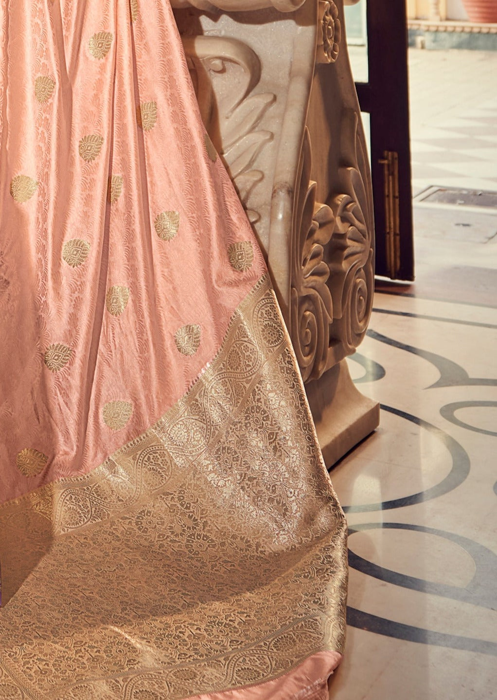 Pure Satin Silk Peach Banarasi Saree