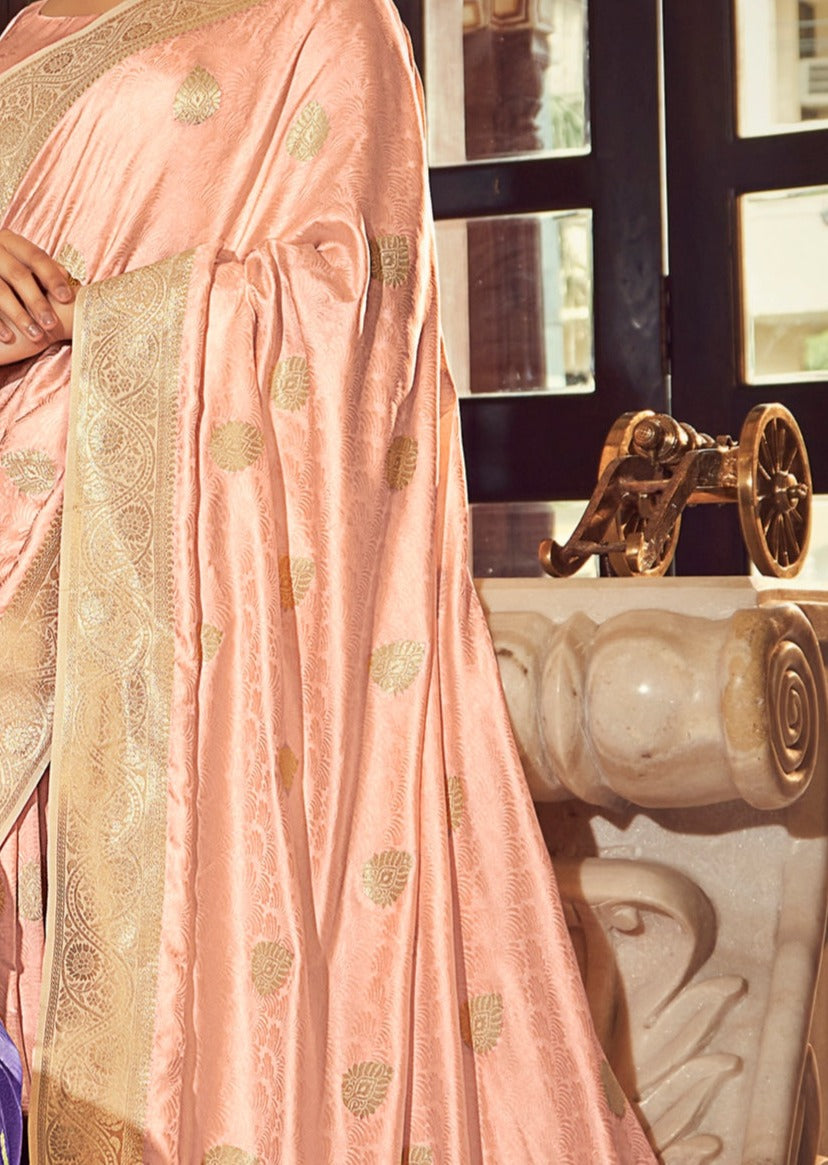 Pure Satin Silk Peach Banarasi Saree