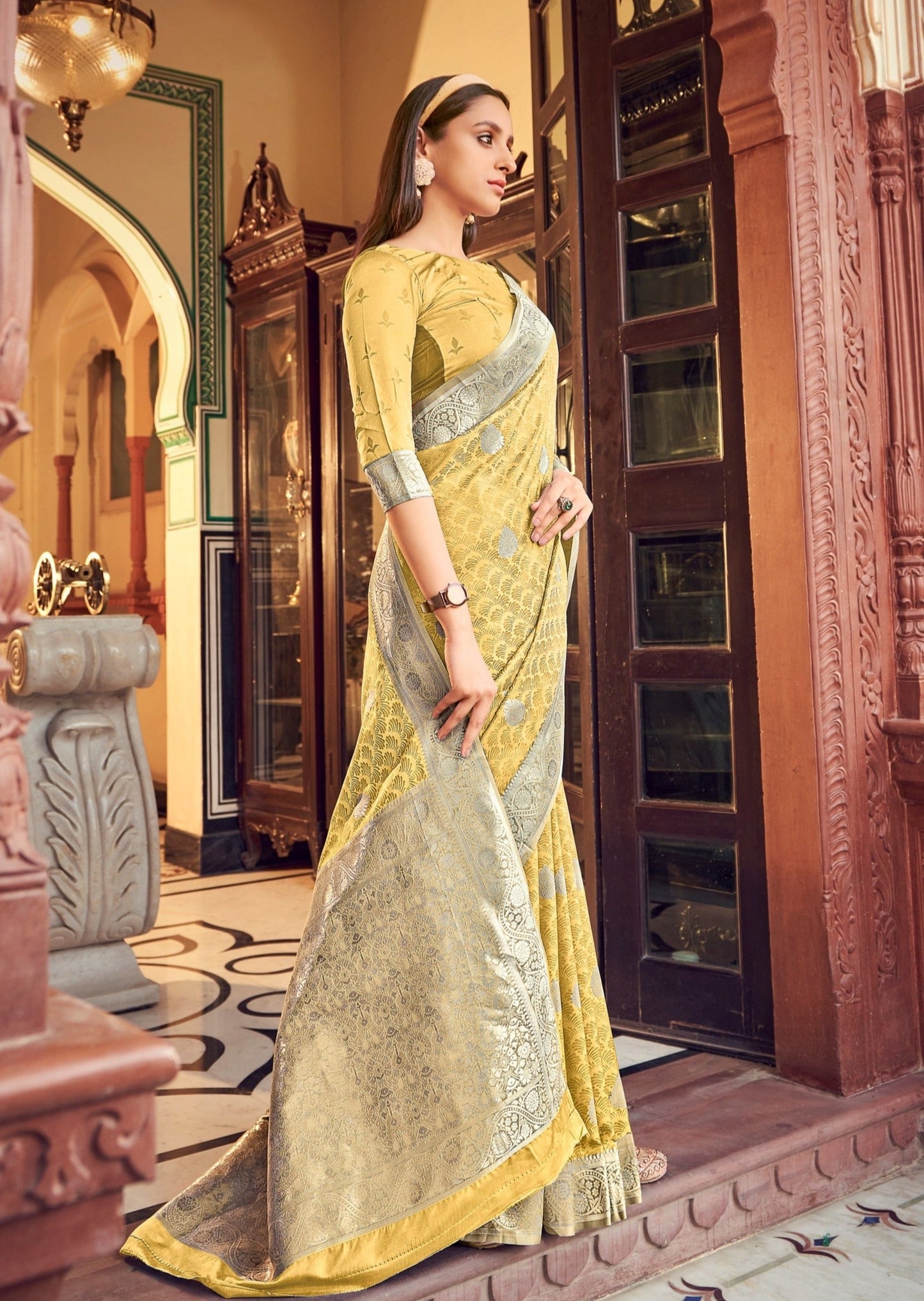 Pure Banarasi Satin Silk Yellow Handloom Saree