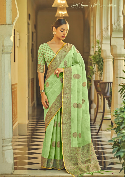 Pure Linen Pista Green Handloom Saree