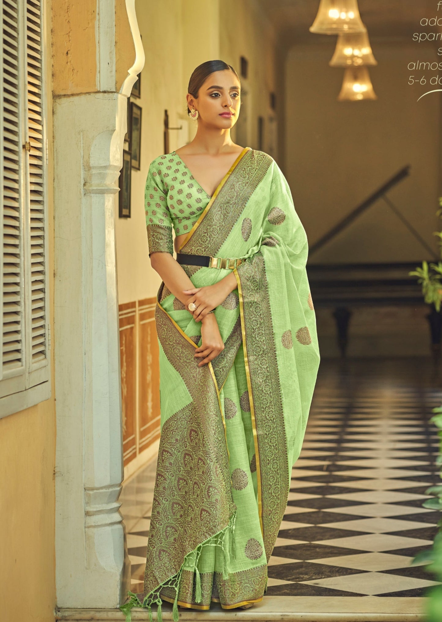 Pure Linen Pista Green Handloom Saree