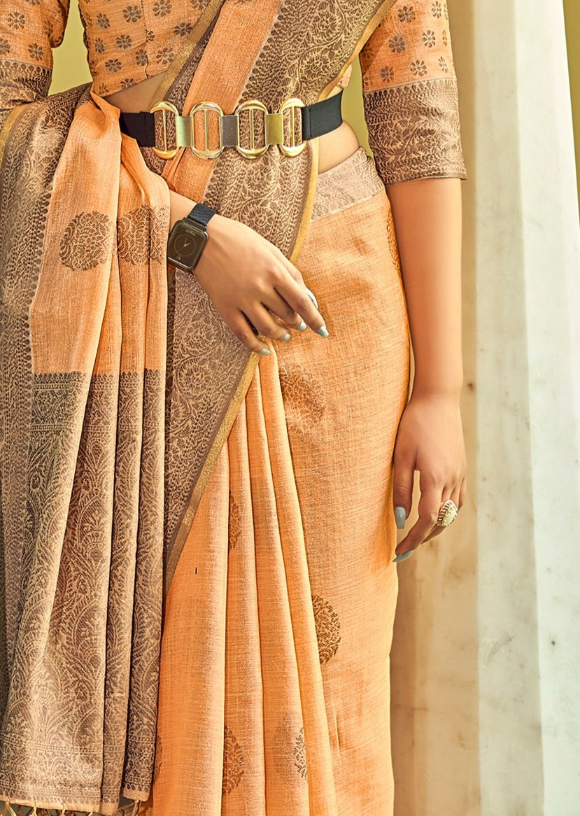 Pure Handloom Linen Plum Peach Saree