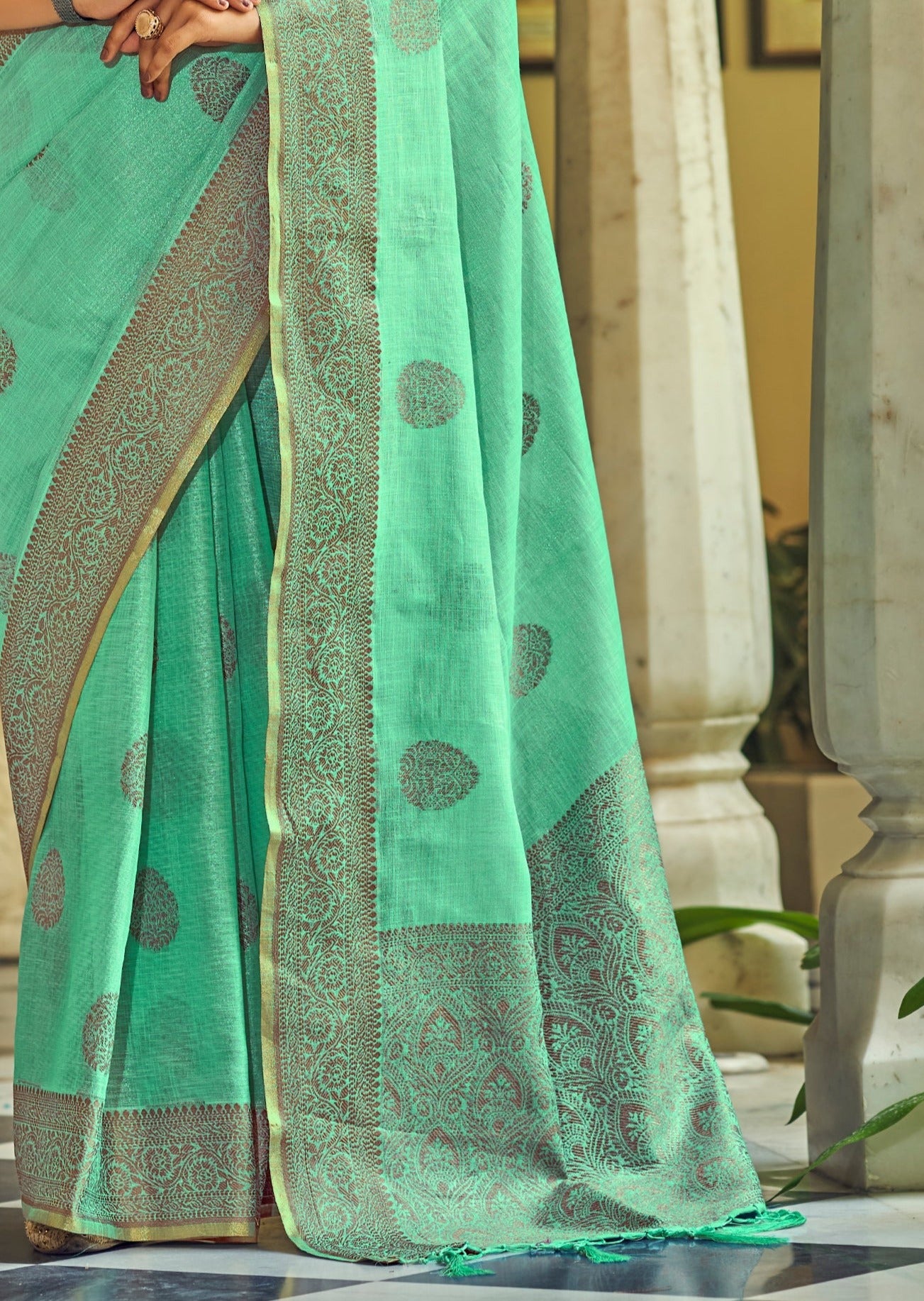 Pure Linen Handloom Ocean Green Saree