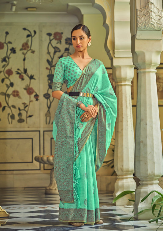 Pure Linen Handloom Ocean Green Saree