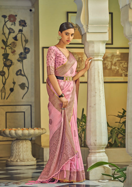 Pure Linen Blossom Pink Handloom Saree