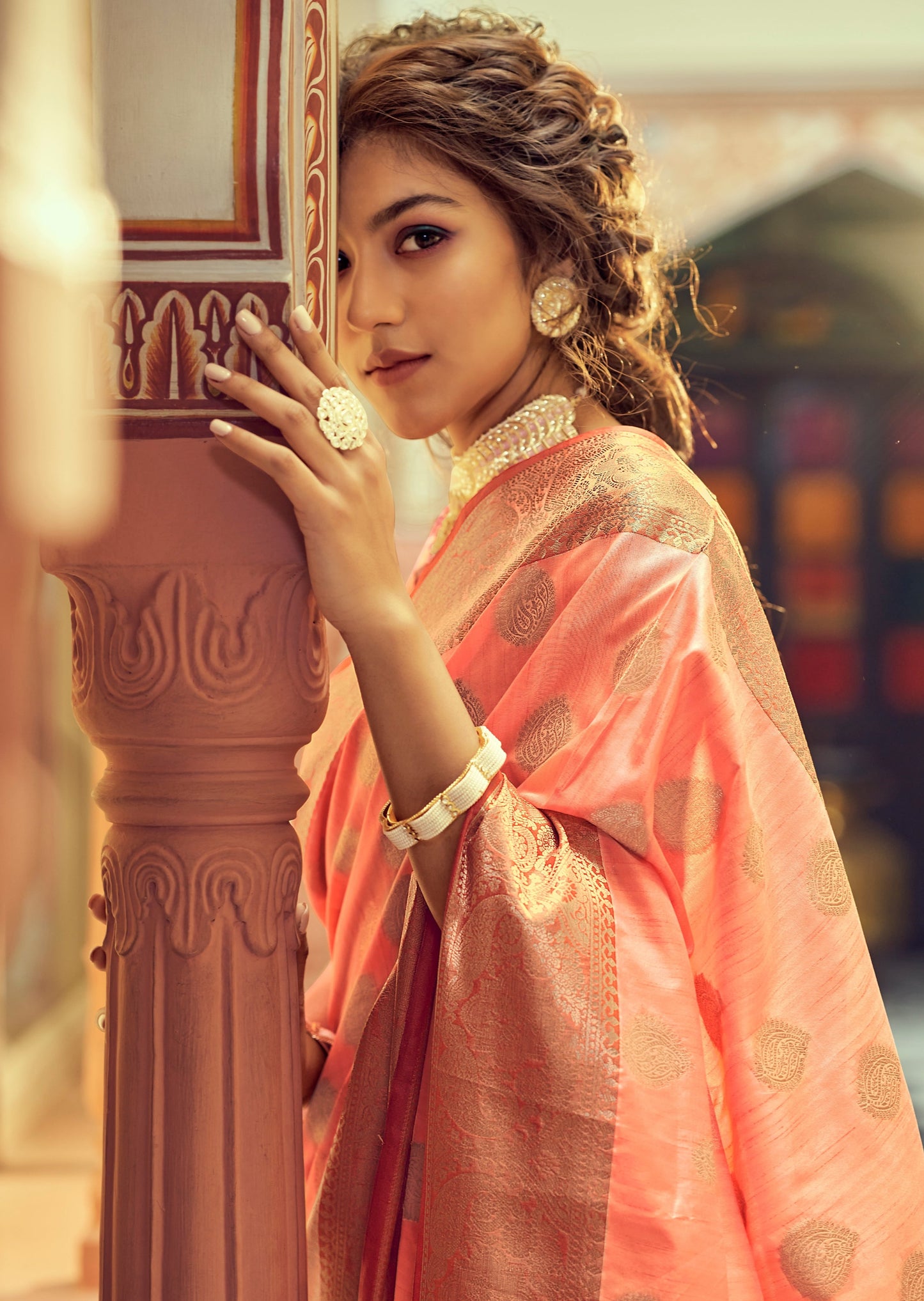 Pure Tussar Silk Apricot Peach Saree