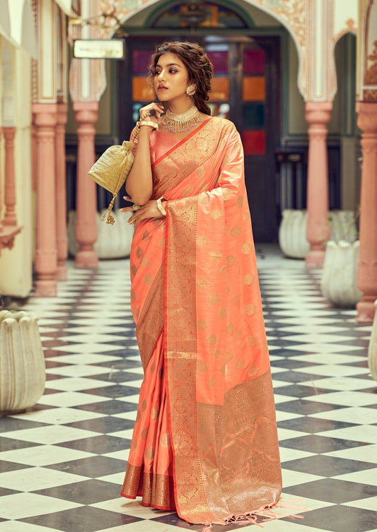 Pure Tussar Silk Apricot Peach Saree