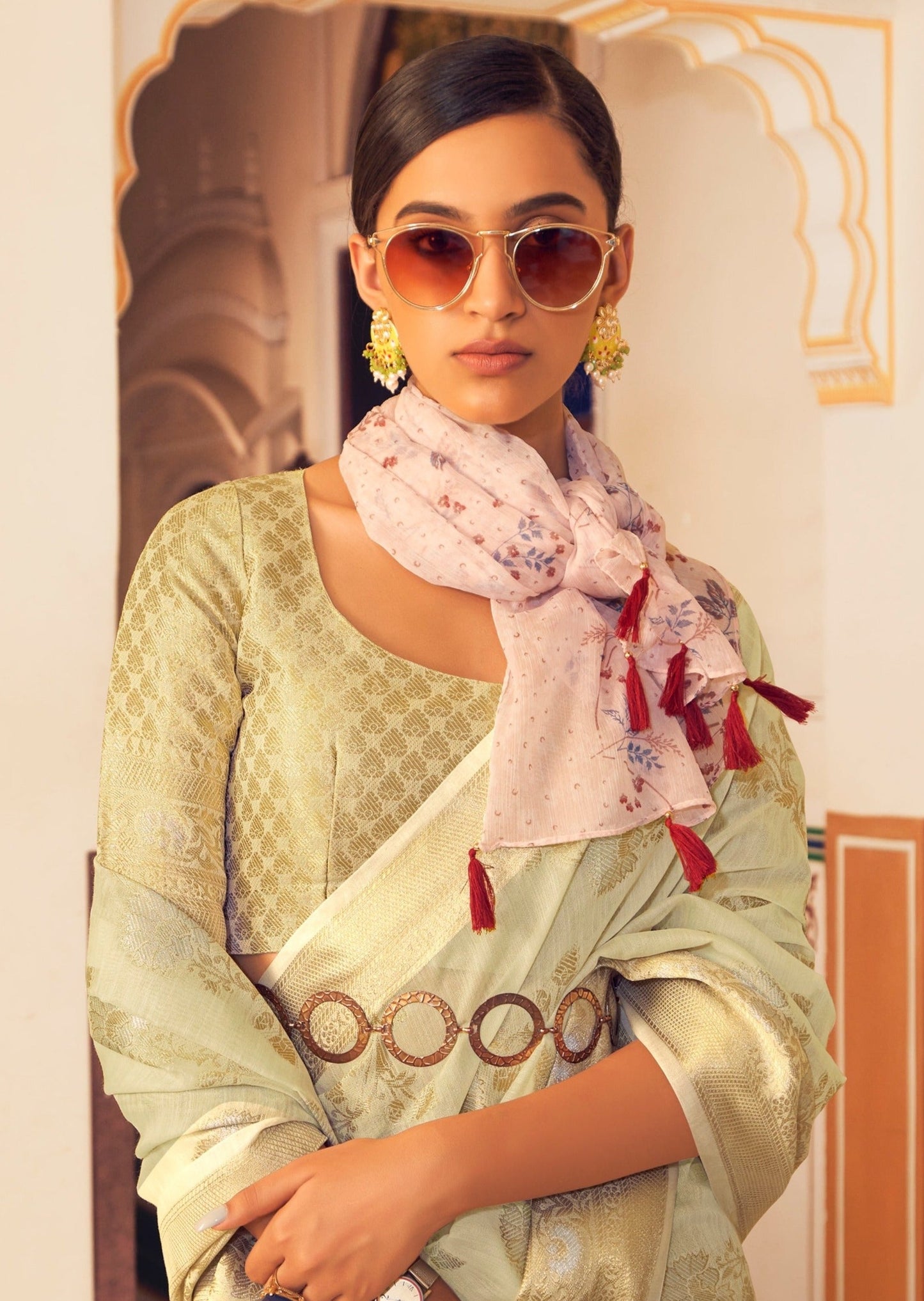 Pure Organic Linen Designer Cream Saree
