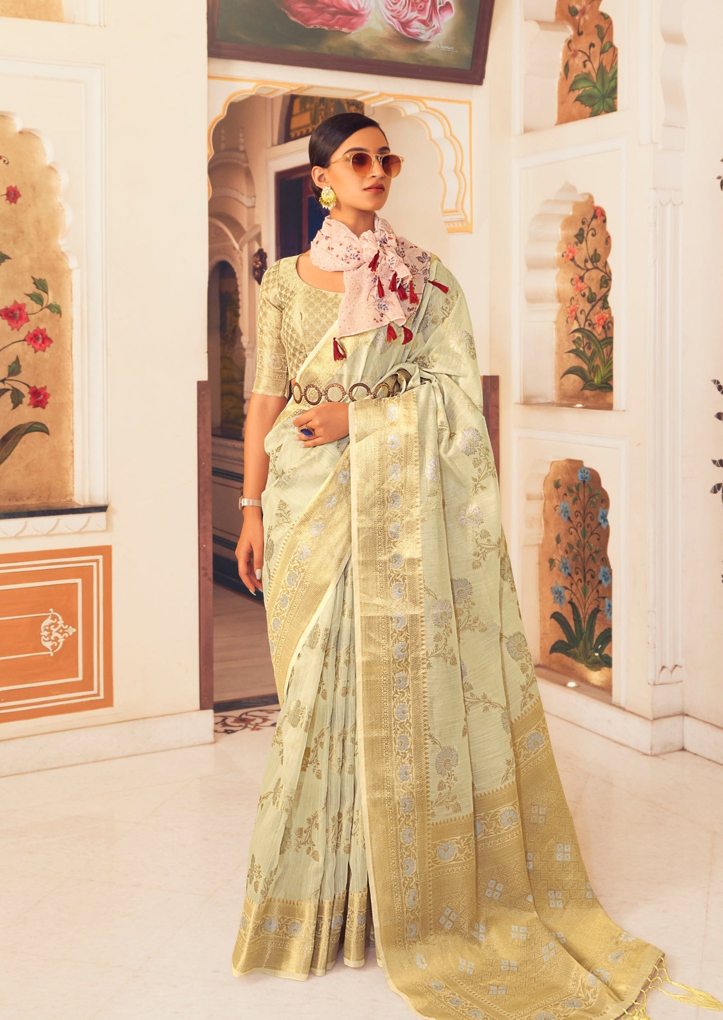 Pure Organic Linen Designer Cream Saree