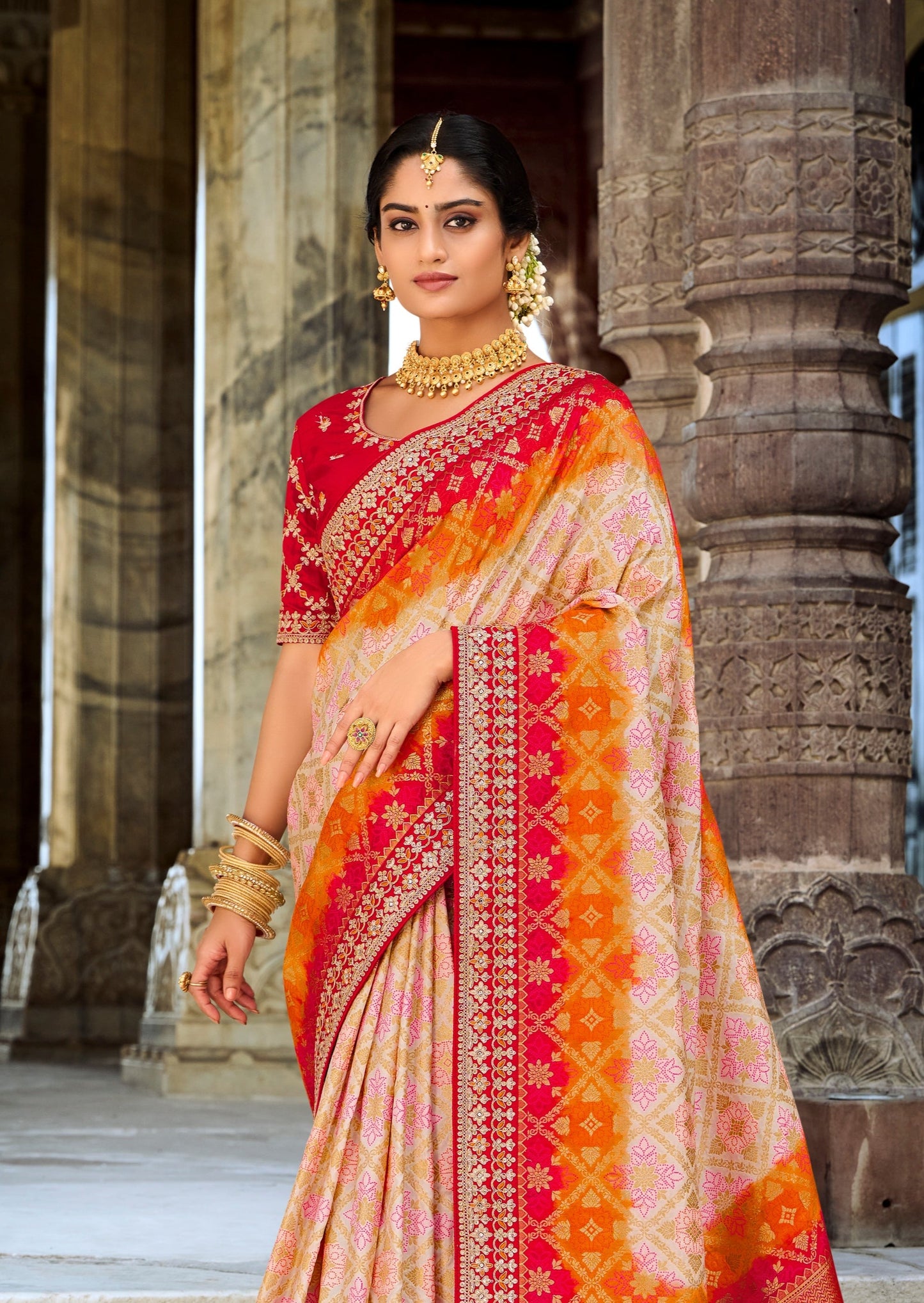 Banarasi Patola Silk White and Red Saree