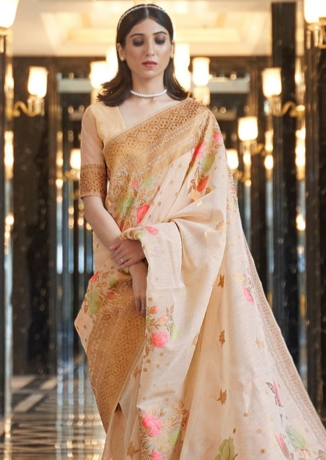Pure Linen Beige Saree with Golden Border