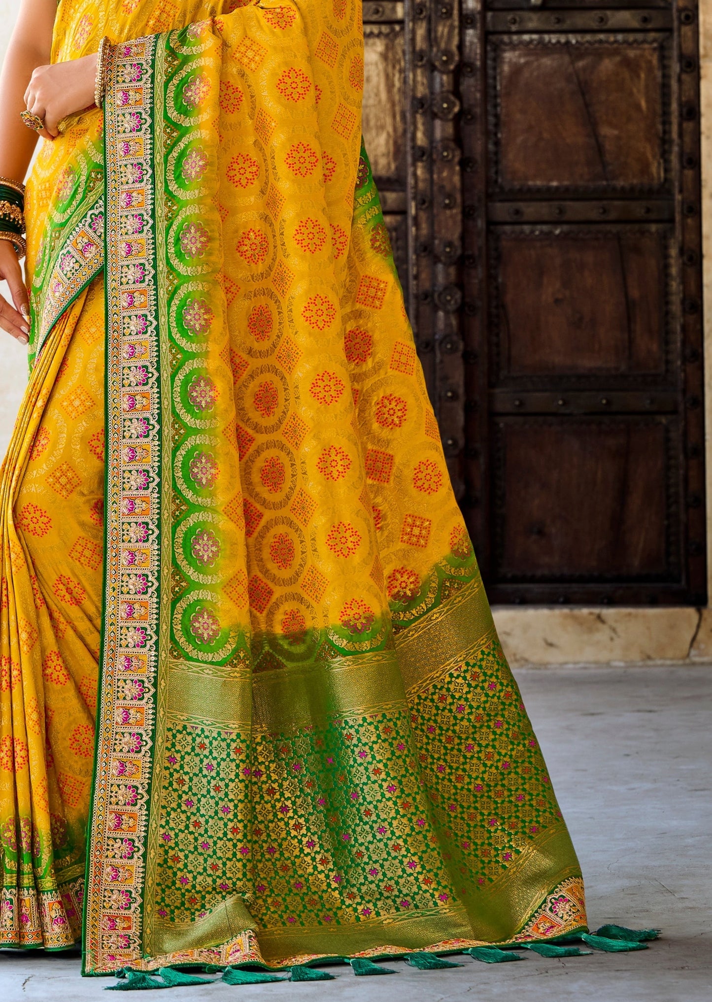 Banarasi Patola Silk Bright Yellow Bridal Saree