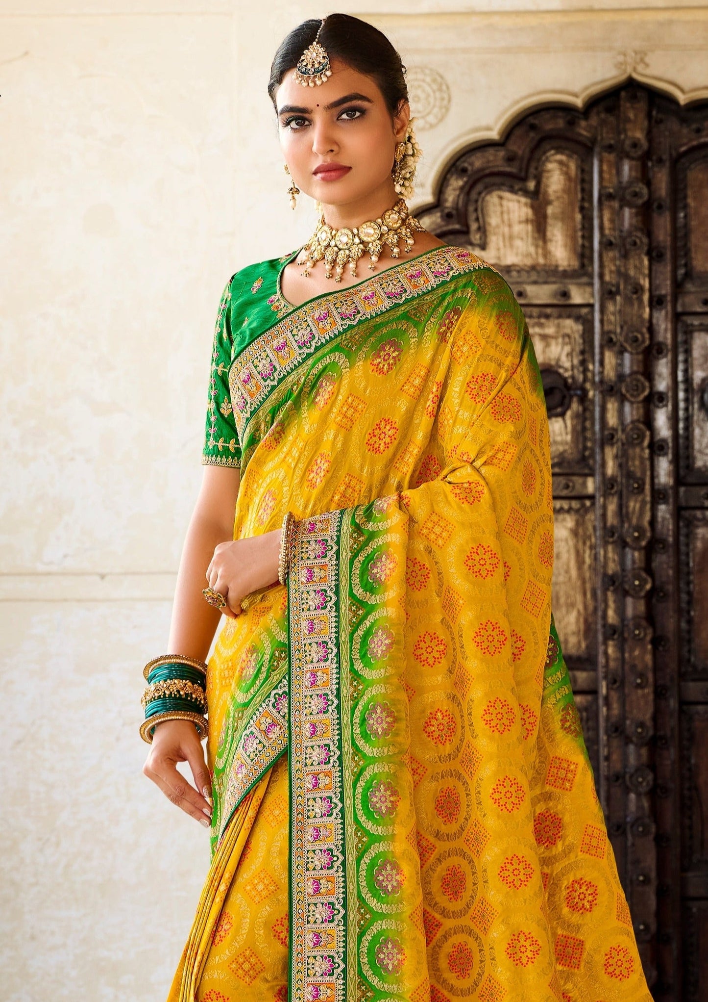 Banarasi Patola Silk Bright Yellow Bridal Saree