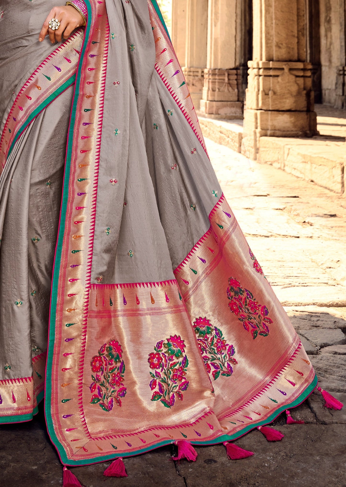 Cut Dana Hand Work Grey Paithani Silk Saree