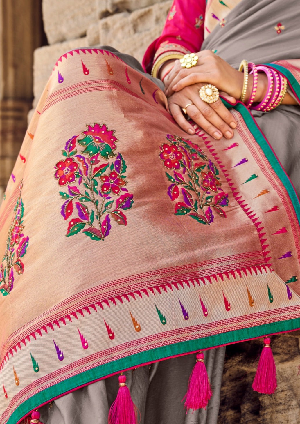 Cut Dana Hand Work Grey Paithani Silk Saree