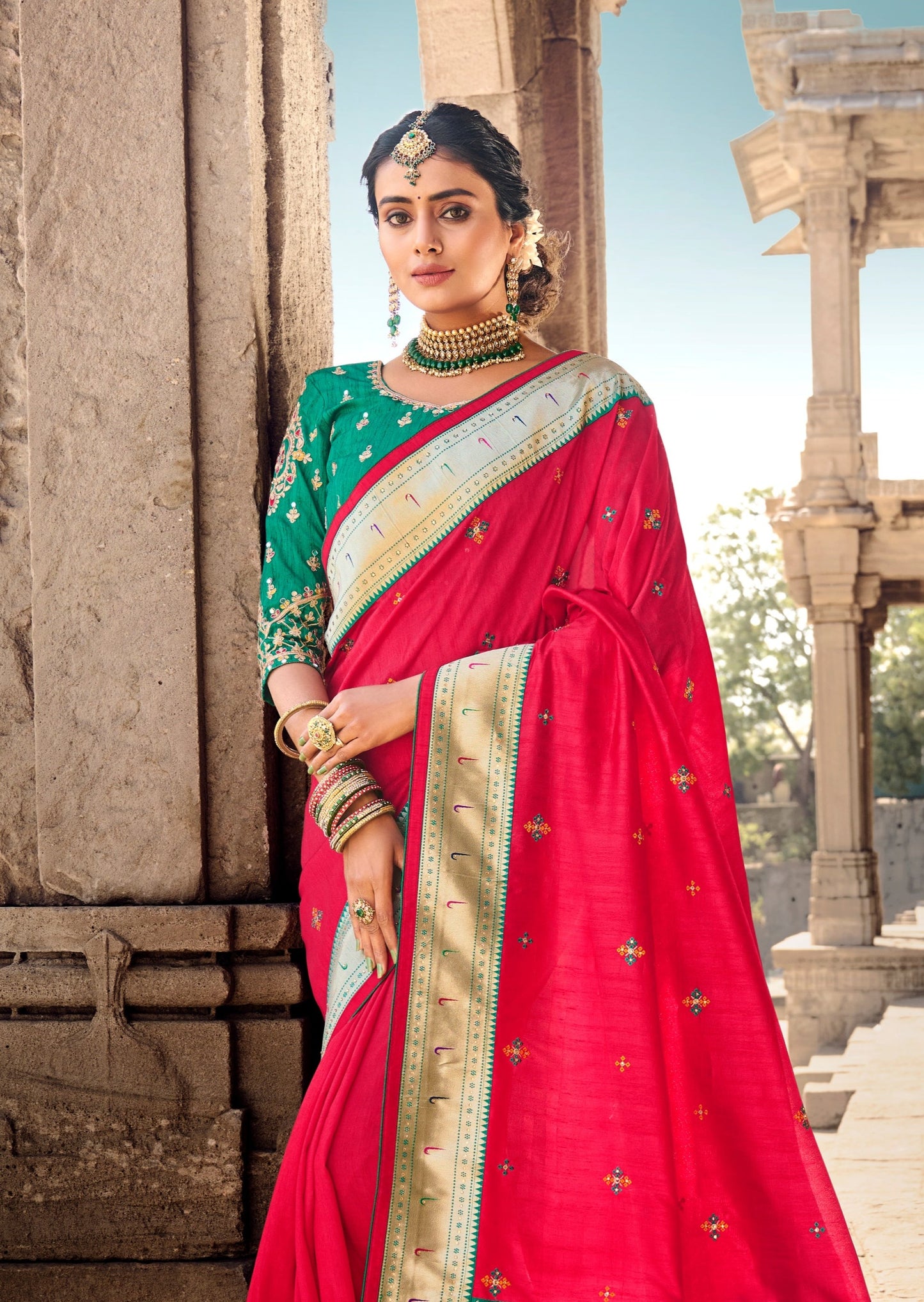 Cut Dana Work Red Paithani Silk Saree