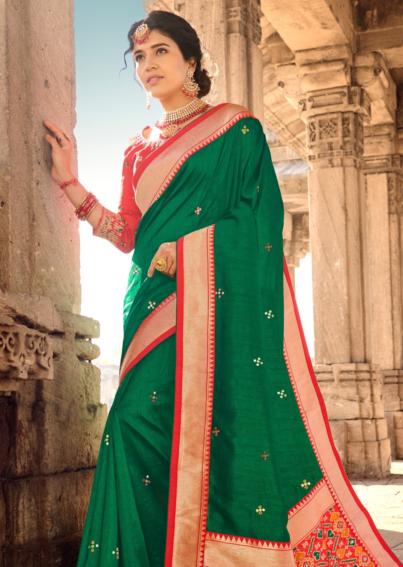 Mirror Work Green Double Ikkat Patola Saree