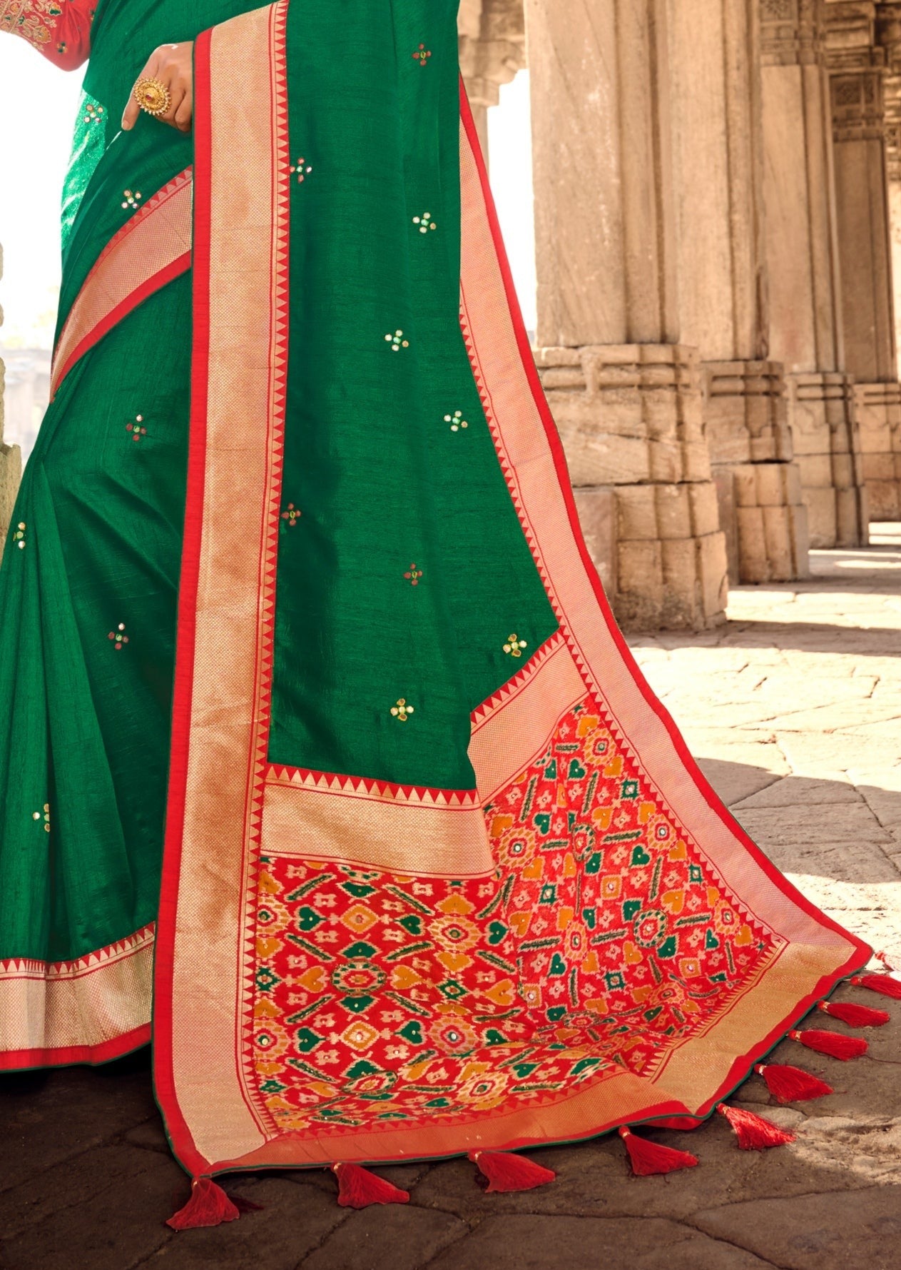 Mirror Work Green Double Ikkat Patola Saree