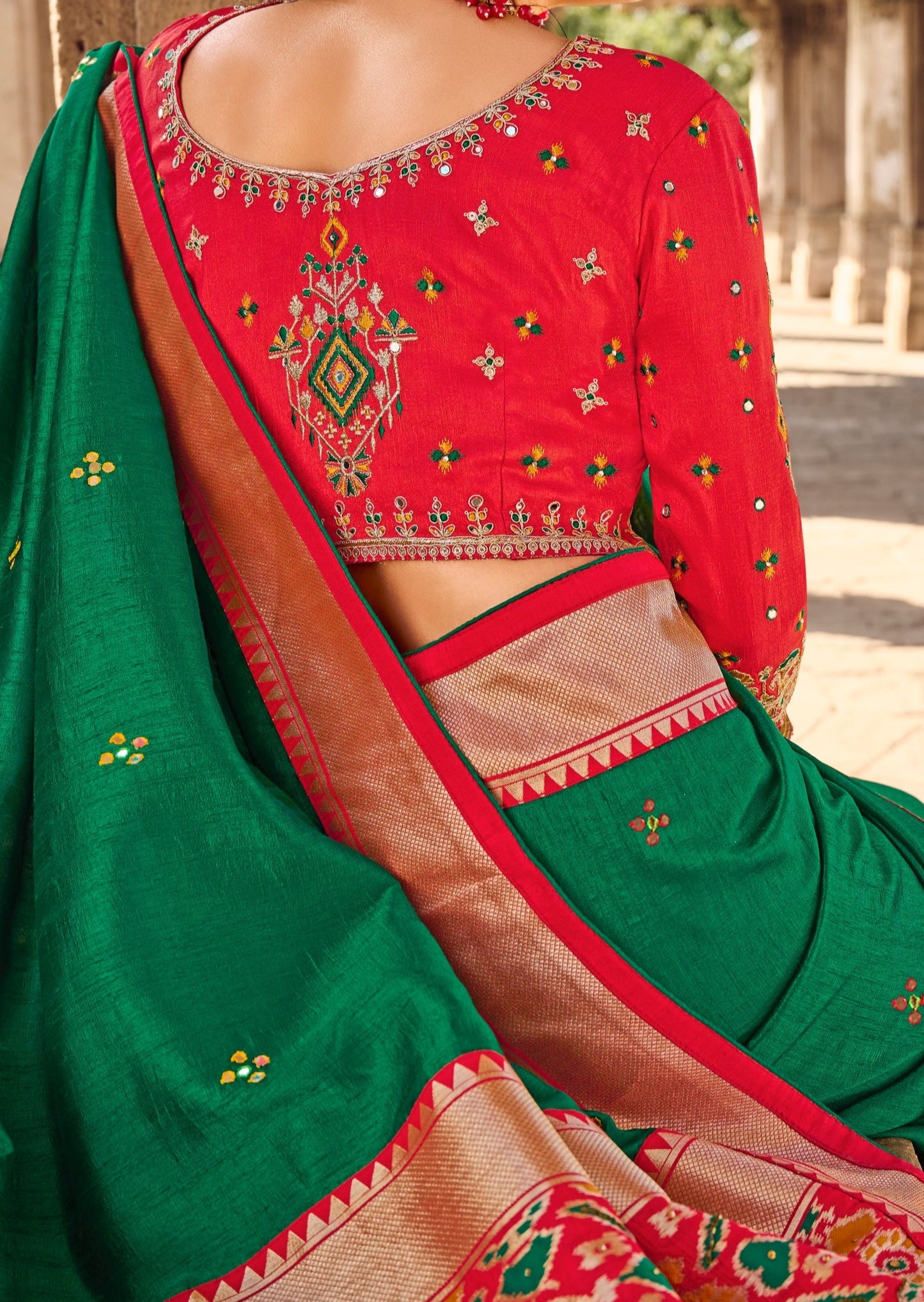 Mirror Work Green Double Ikkat Patola Saree