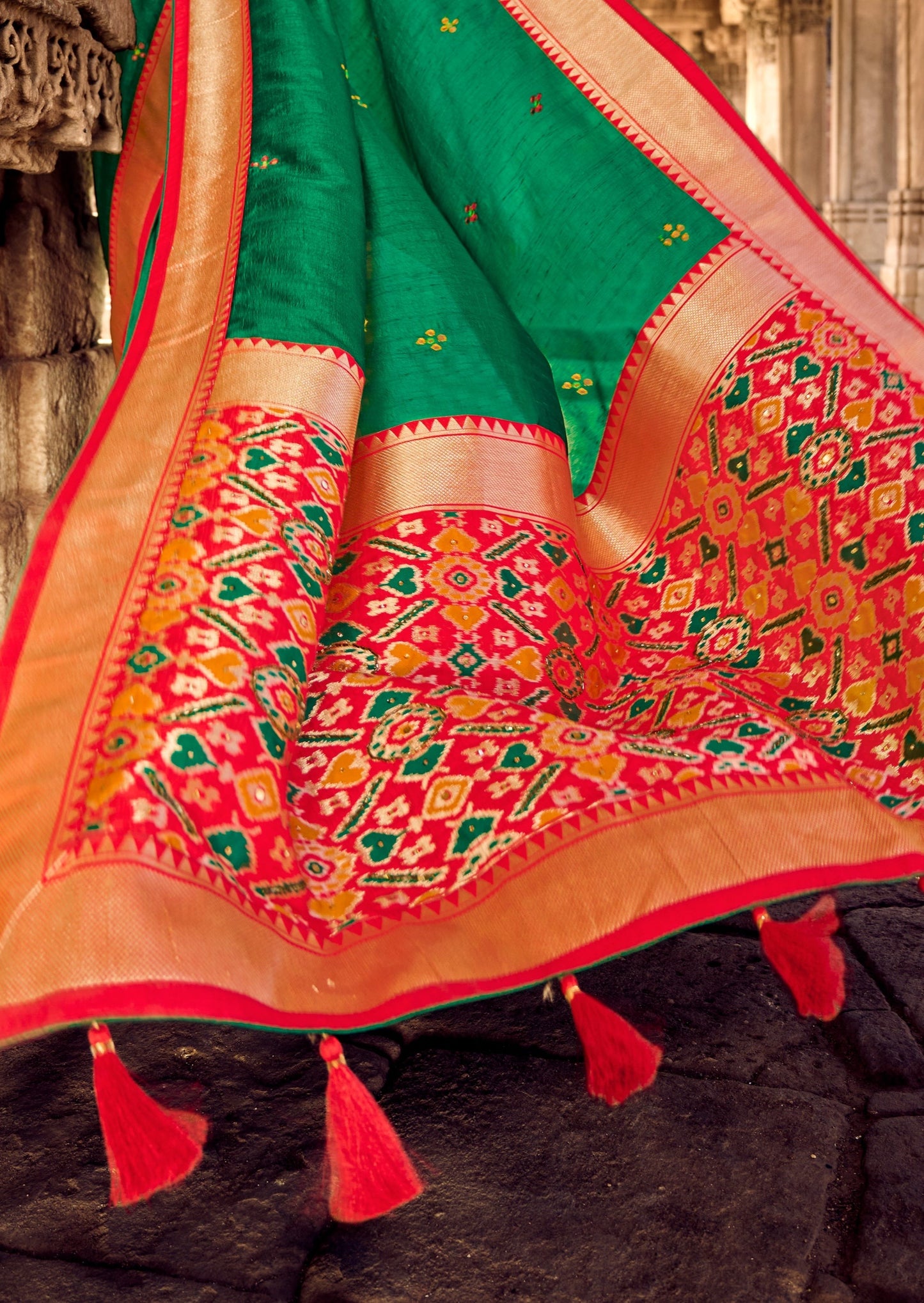 Mirror Work Green Double Ikkat Patola Saree