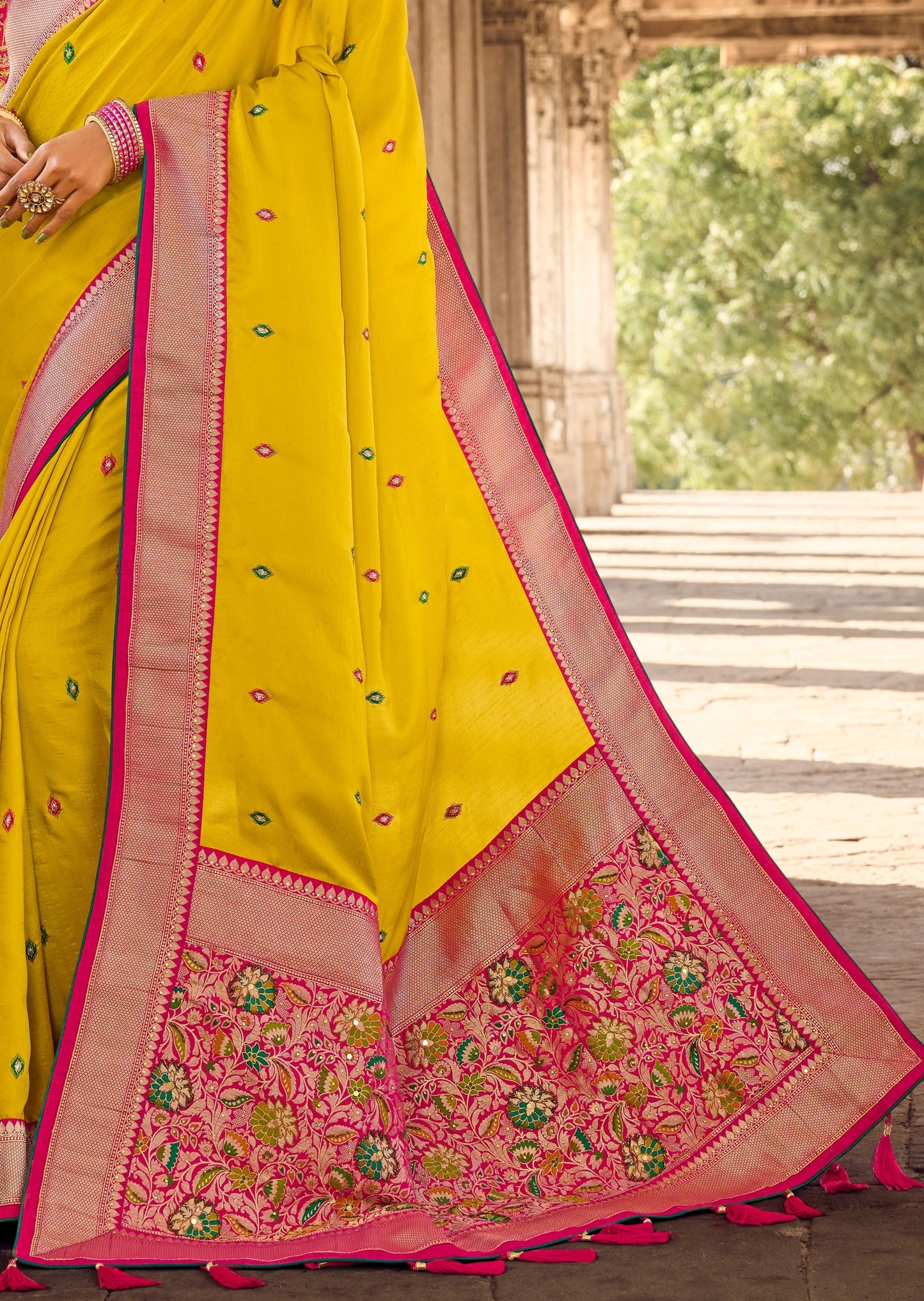Cut Dana Handwork Yellow Silk Saree