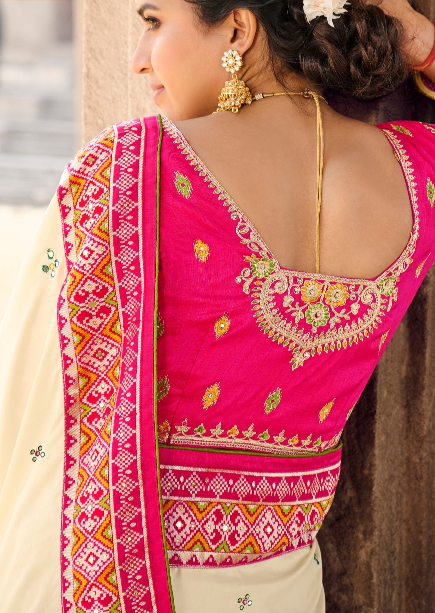 Mirror Work Off White Patola Saree