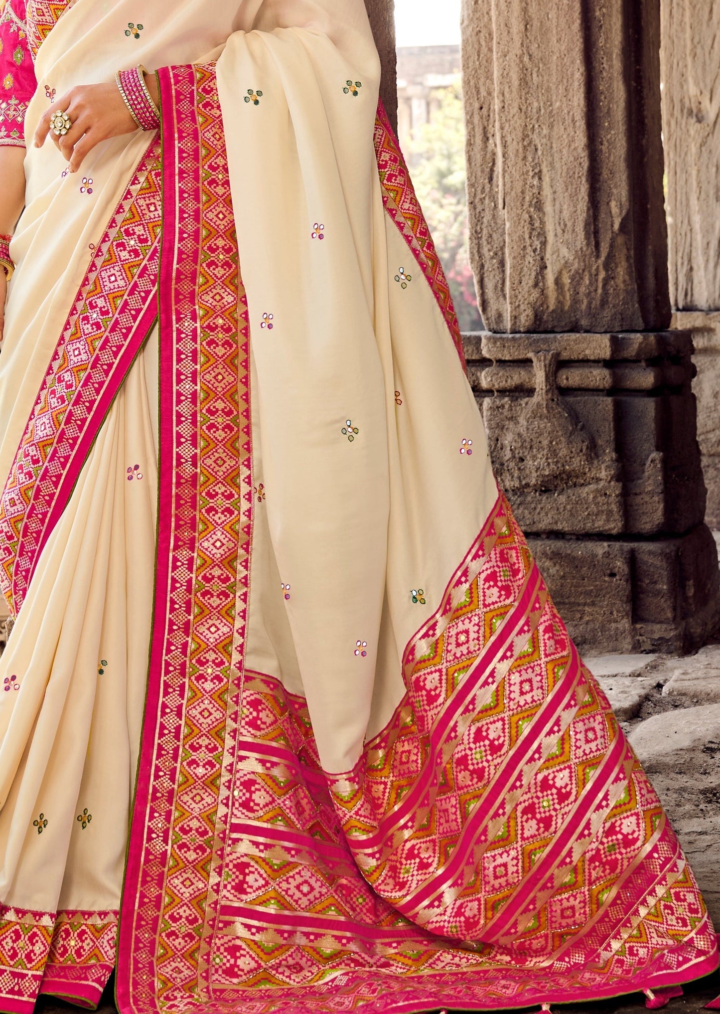 Mirror Work Off White Patola Saree
