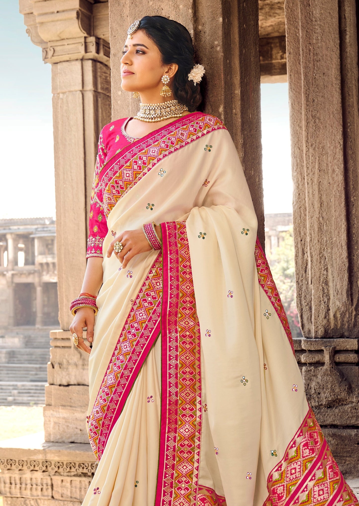 Mirror Work Off White Patola Saree