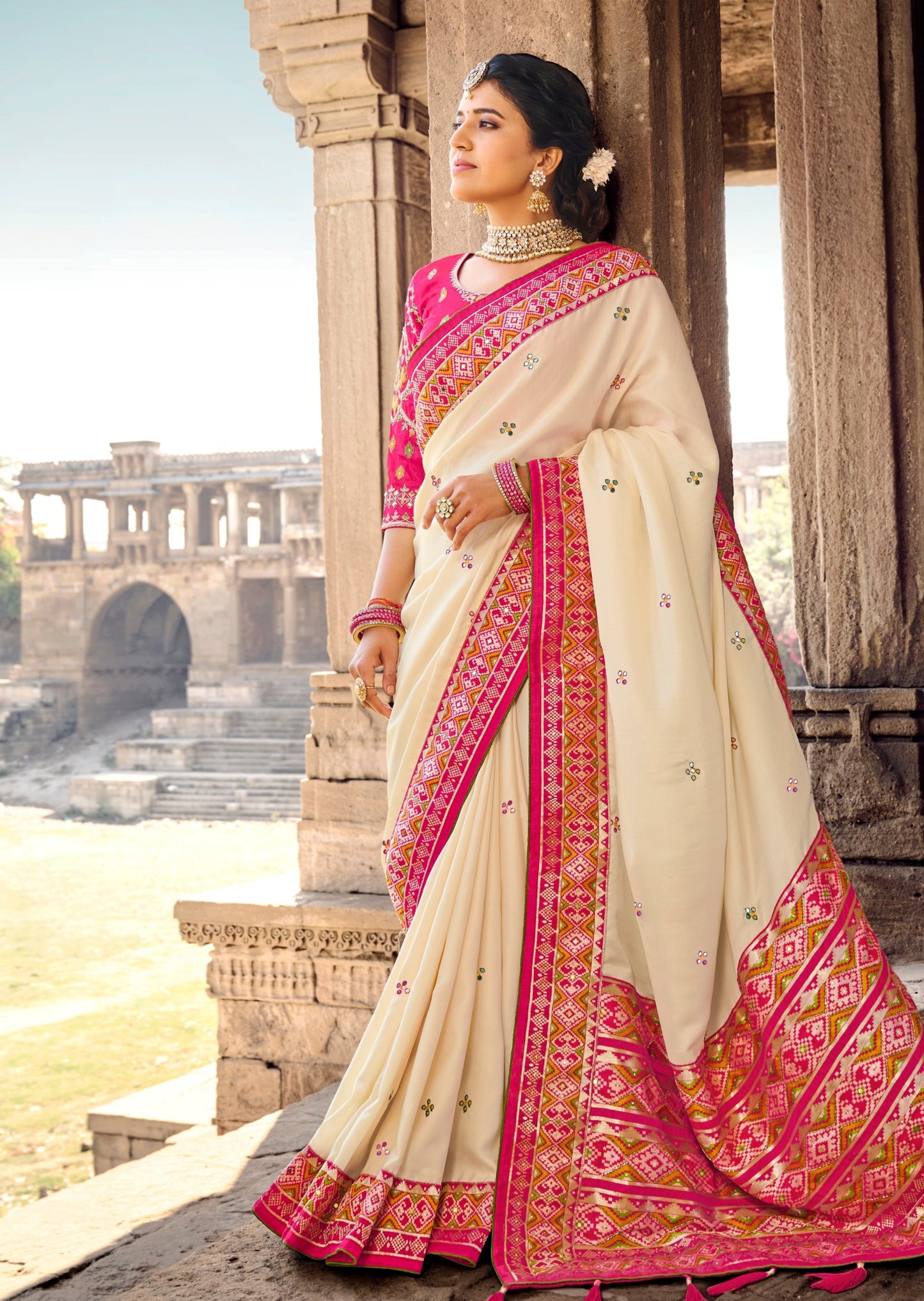Mirror Work Off White Patola Saree