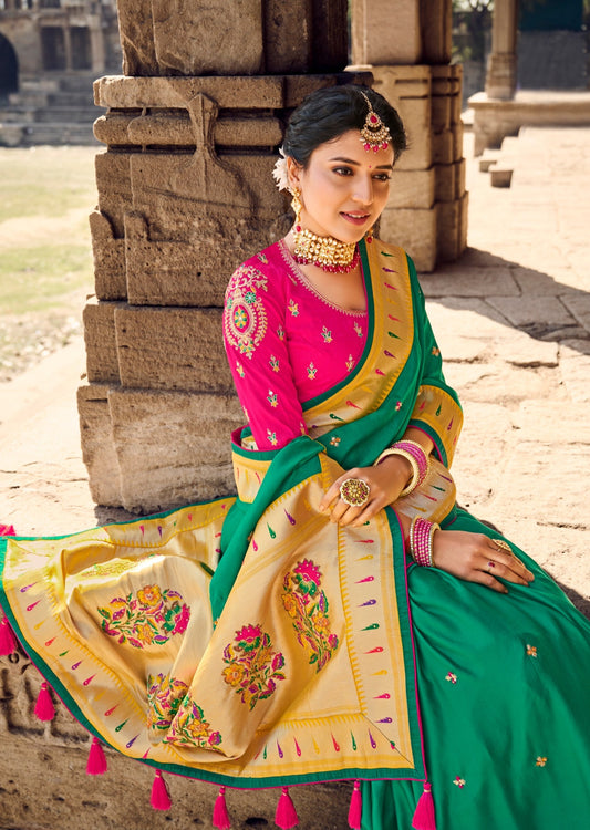 Cut Dana Hand Work Green Paithani Silk Saree