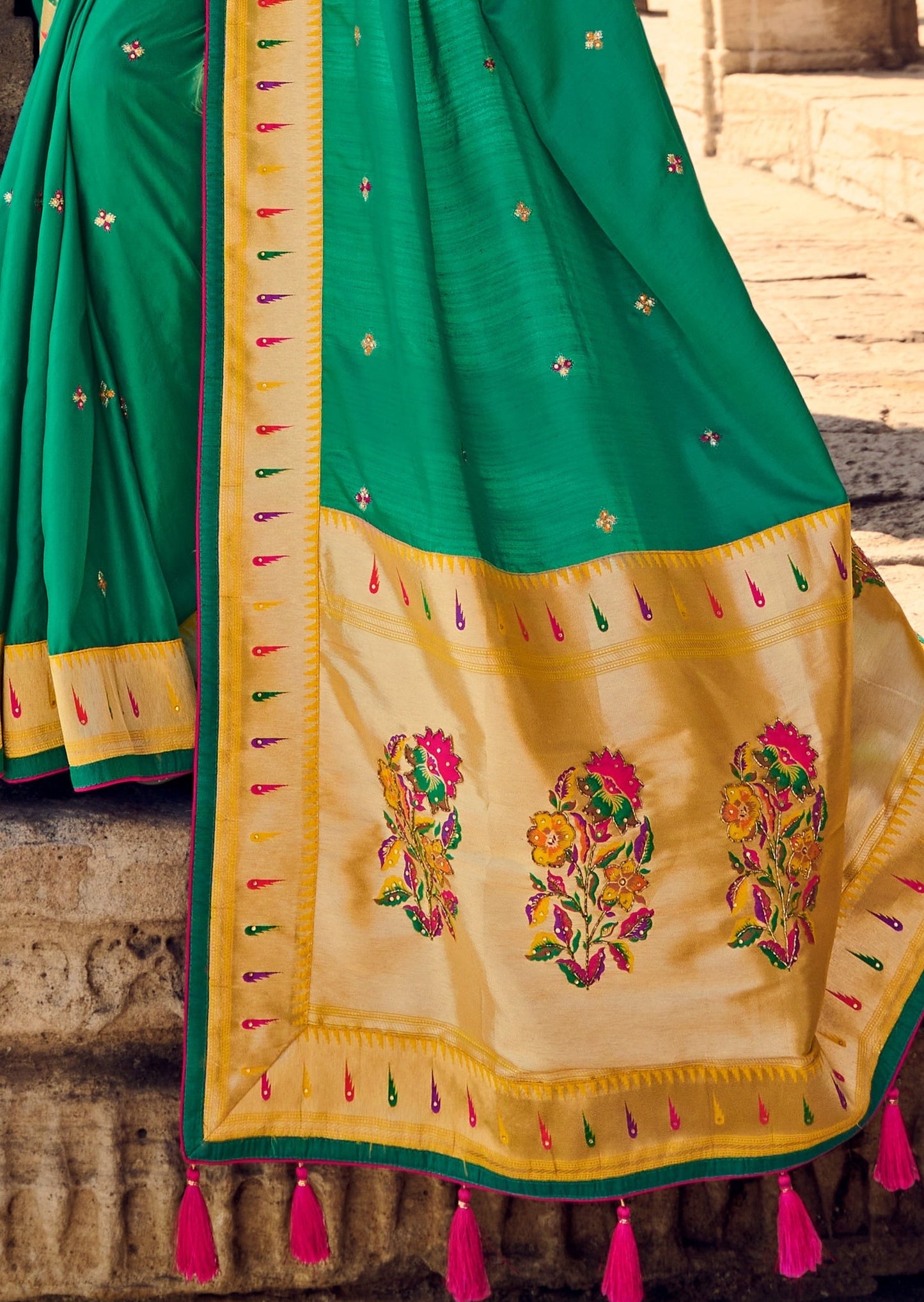 Cut Dana Hand Work Green Paithani Silk Saree