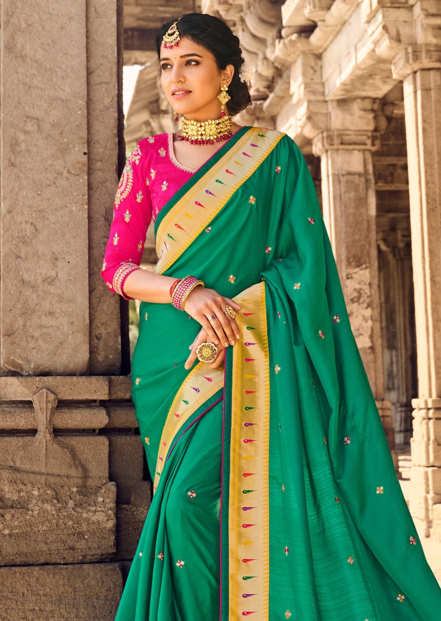 Cut Dana Hand Work Green Paithani Silk Saree
