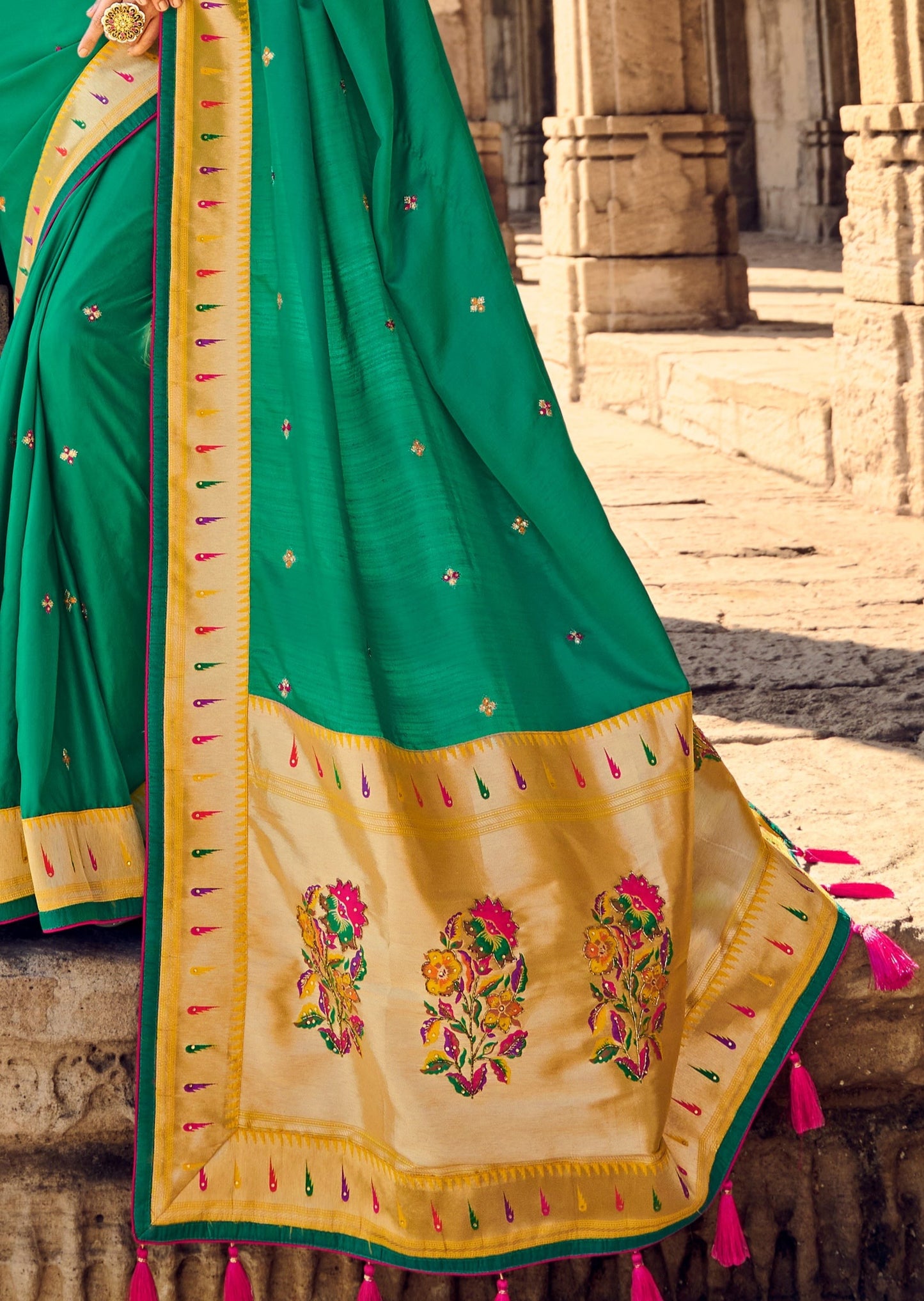 Cut Dana Hand Work Green Paithani Silk Saree