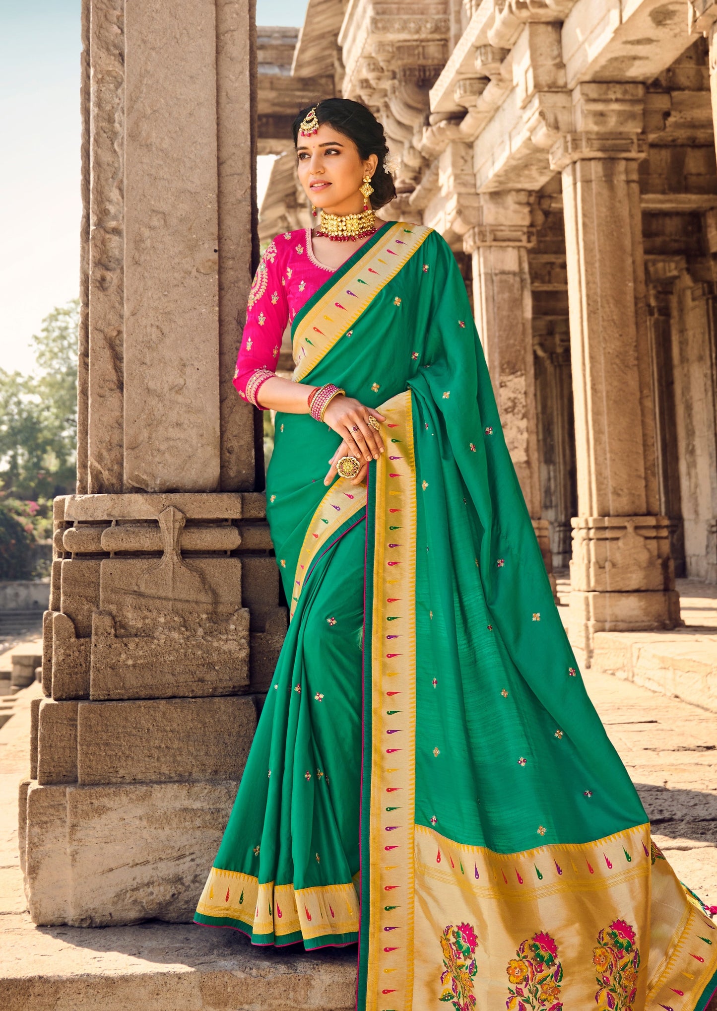 Cut Dana Hand Work Green Paithani Silk Saree