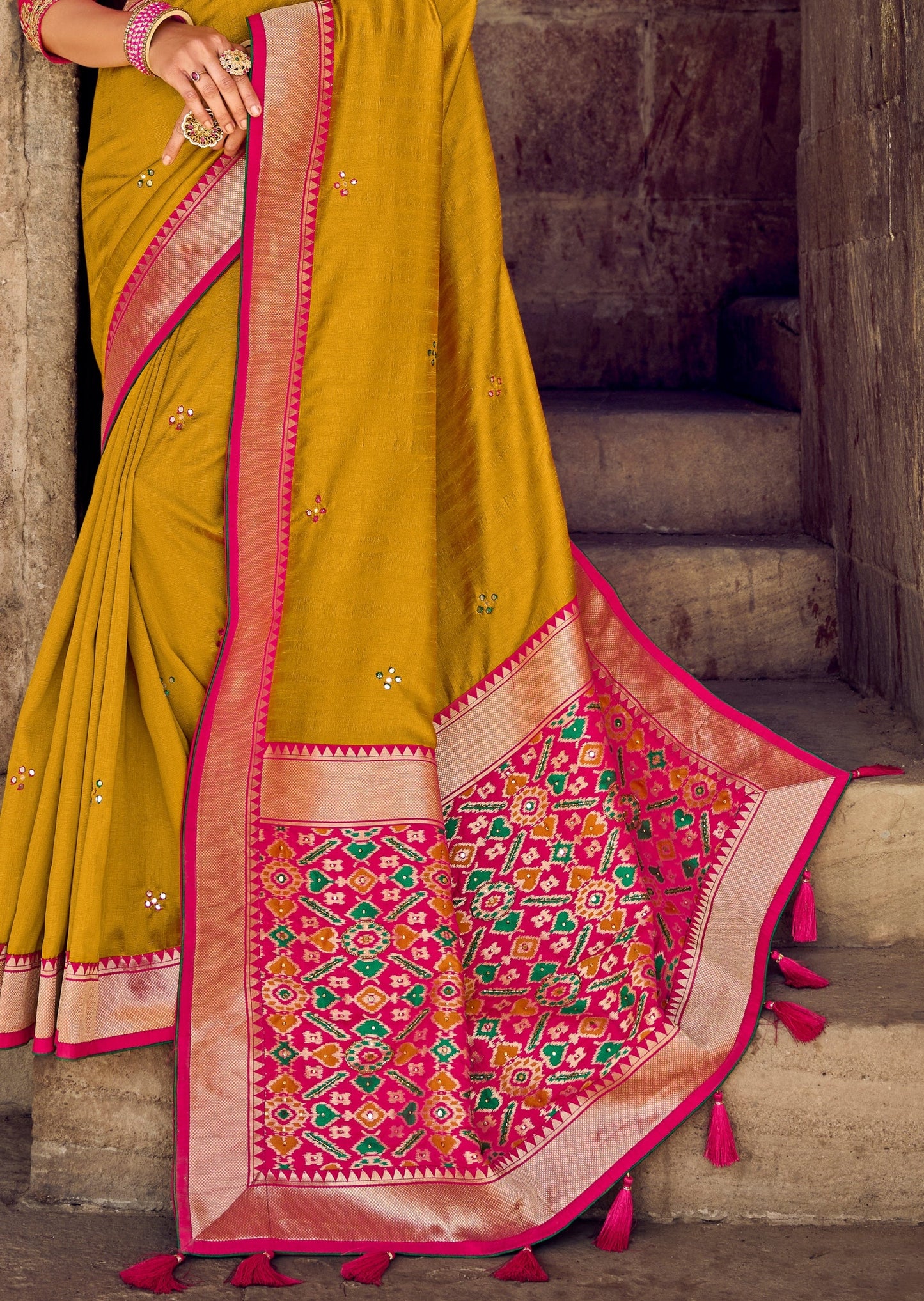 Cut Dana and Mirror Work Mustard Yellow Patola Saree