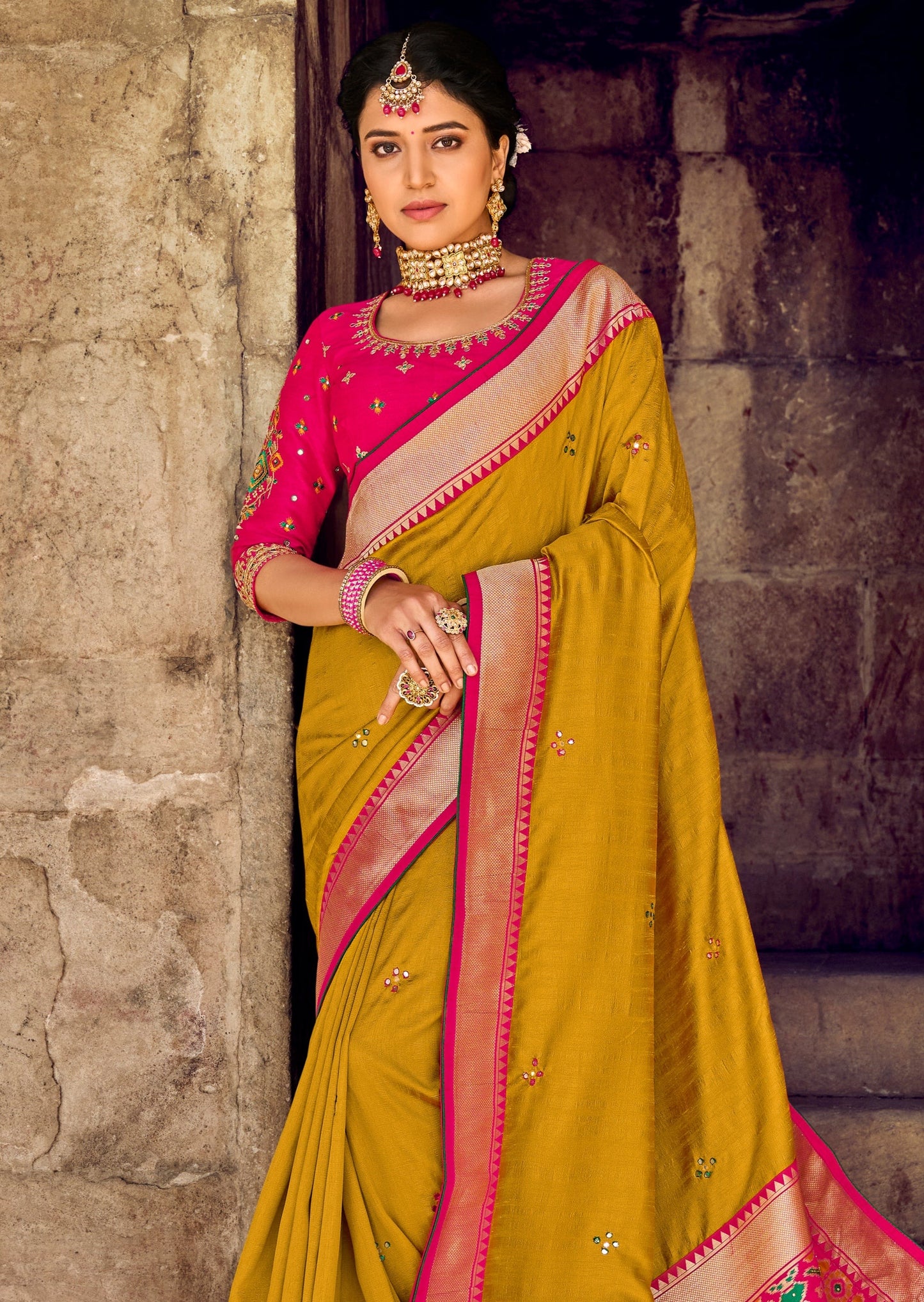 Cut Dana and Mirror Work Mustard Yellow Patola Saree