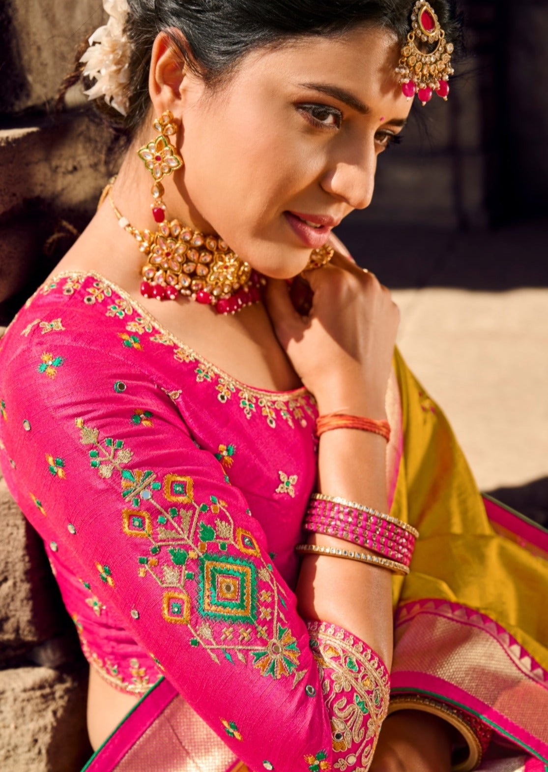Cut Dana and Mirror Work Mustard Yellow Patola Saree